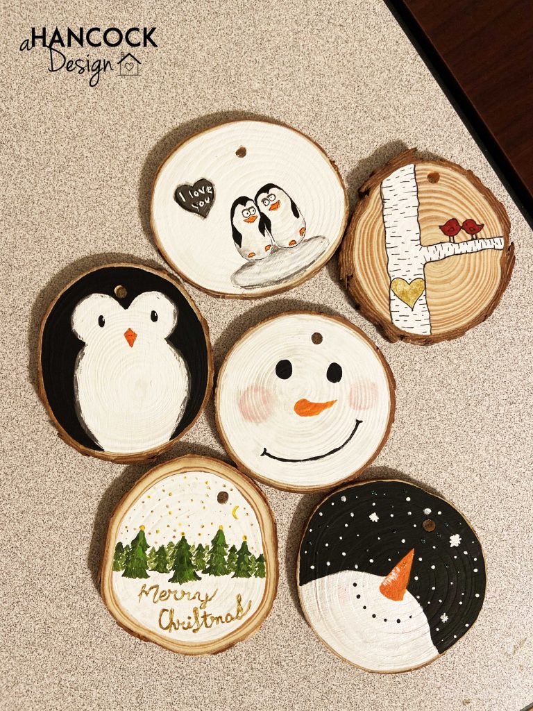 Wood Slice Ornaments snowman penguin christmas